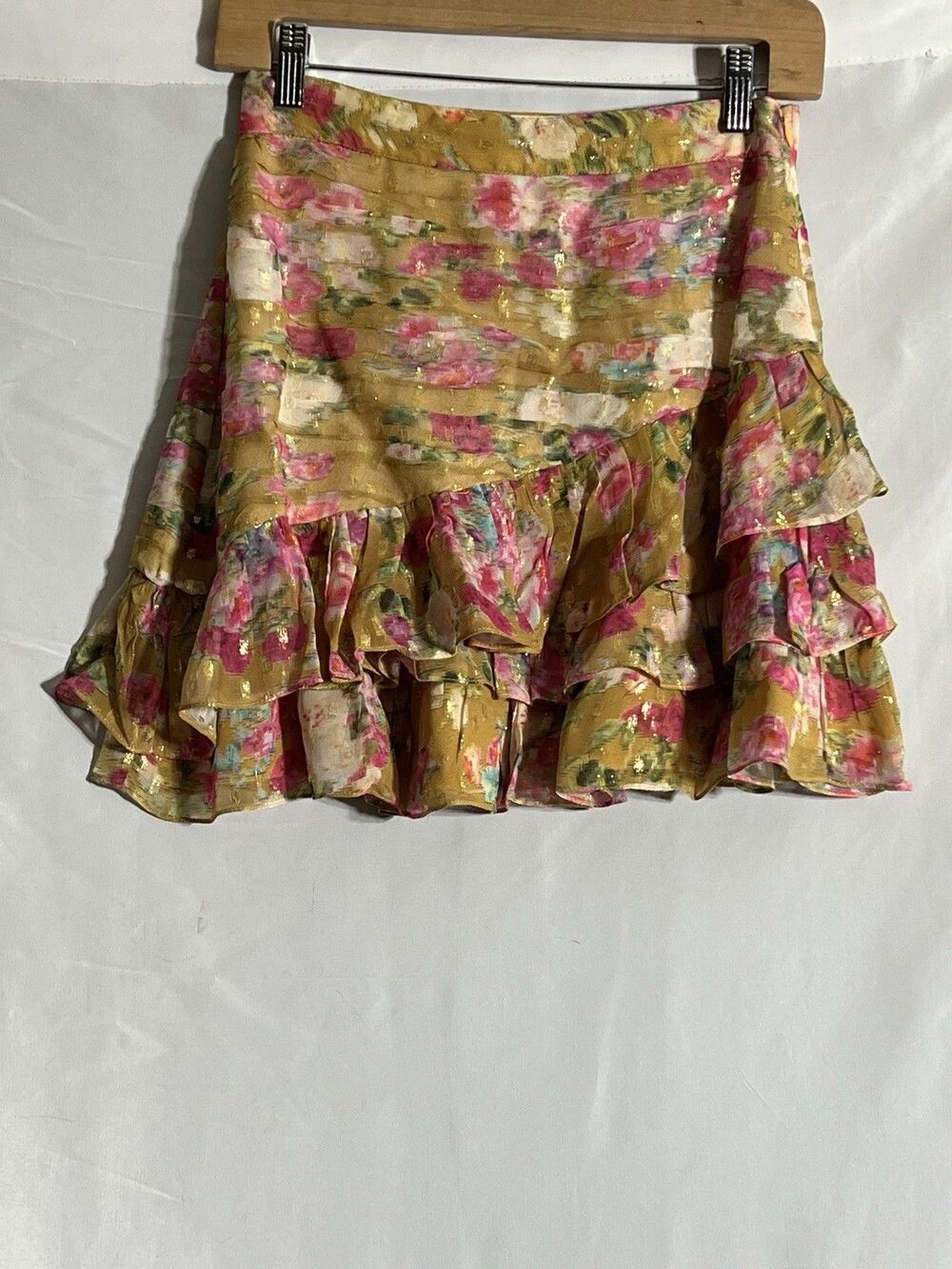 Rococo Sand Skirt Woman's S Mini Silk Floral Crepe Gold Details Ruffles Pleated
